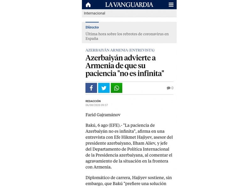 ''Lavanguardia'' qəzeti: Ermənistan başa düşməlidir ki, Azərbaycanın səbri tükənməz deyil