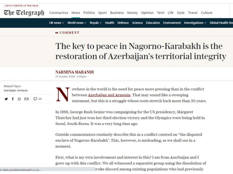 Dağlıq Qarabağda sülhün təmin olunmasının əsas yolu Azərbaycanın ərazi bütövlüyünün bərpasıdır - “The Telegraph”