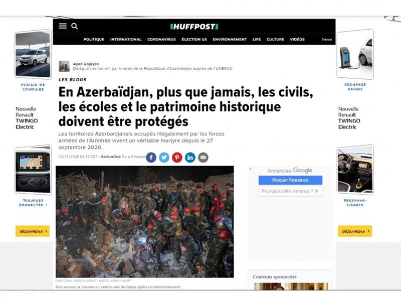 ''Huffington Post'': Ermənistan silahlı qüvvələri Azərbaycanda mülki vətəndaşları və məktəbləri hədəfə alır