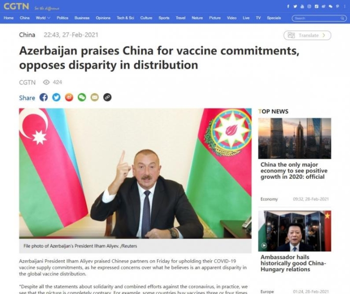 Çin KİV-ləri Azərbaycan Prezidentinin vaksin məsələsi barədə fikirlərindən yazıb