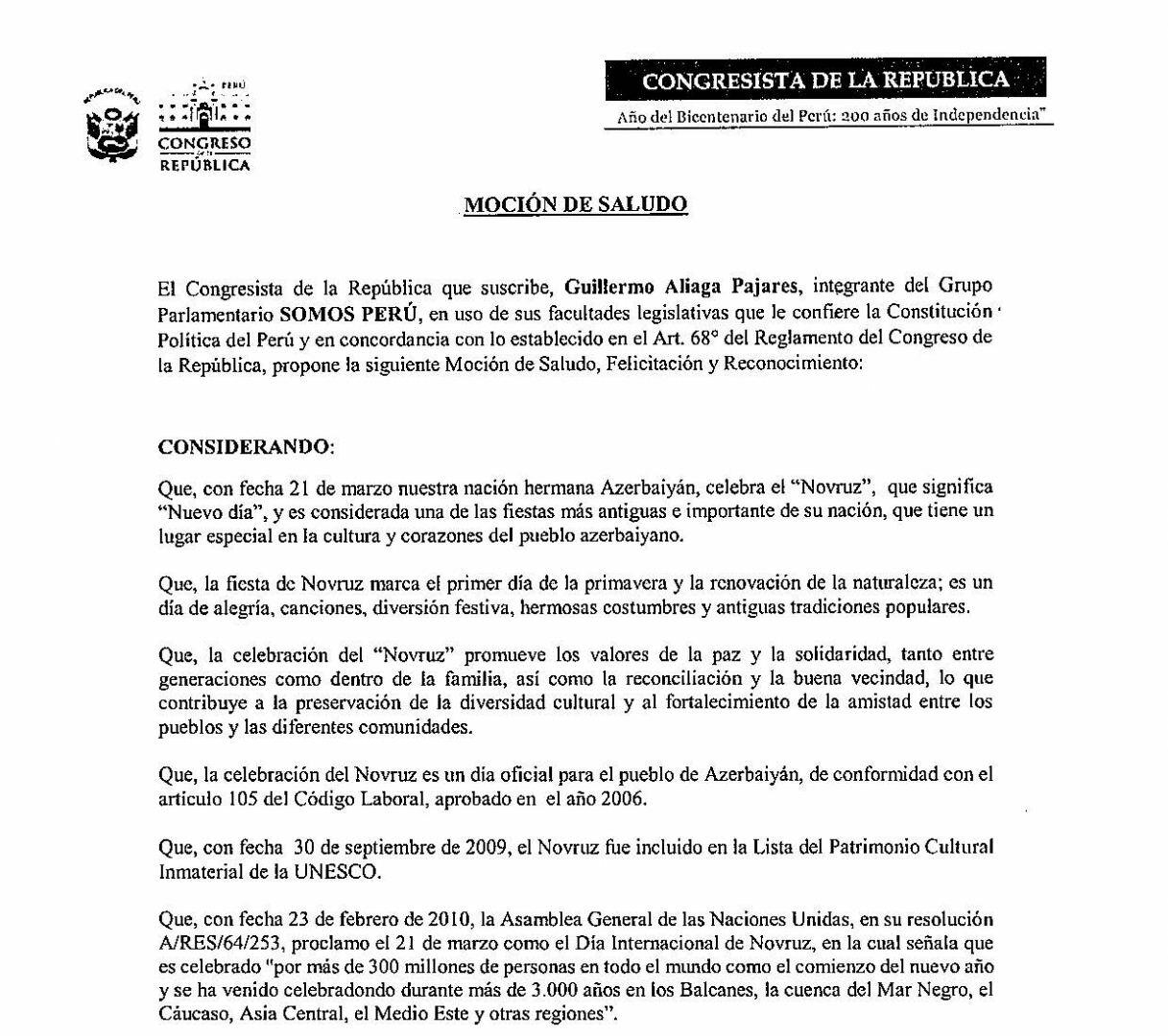 Peru Konqresi Novruz bayramı münasibətilə Azərbaycan xalqını təbrik edib