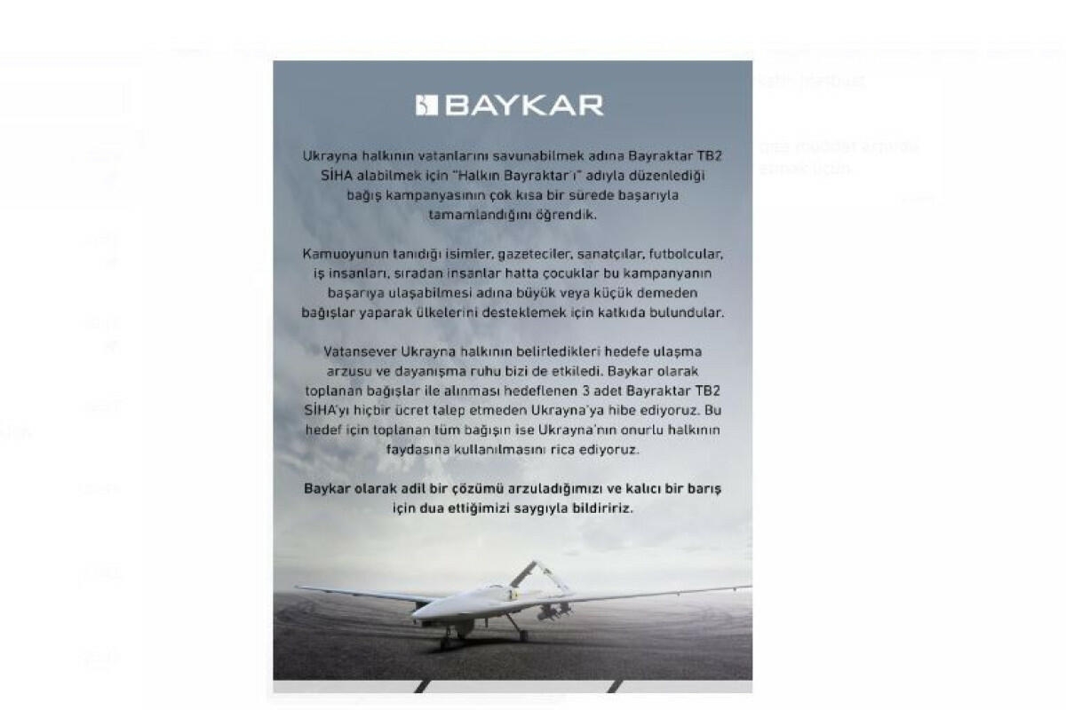 “Baykar” Ukraynaya 3 ədəd “Bayraktar” bağışlayacaq