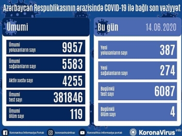 Azərbaycanda daha 387 nəfər koronavirusa yoluxdu, 274 nəfər sağaldı, 4 nəfər öldü