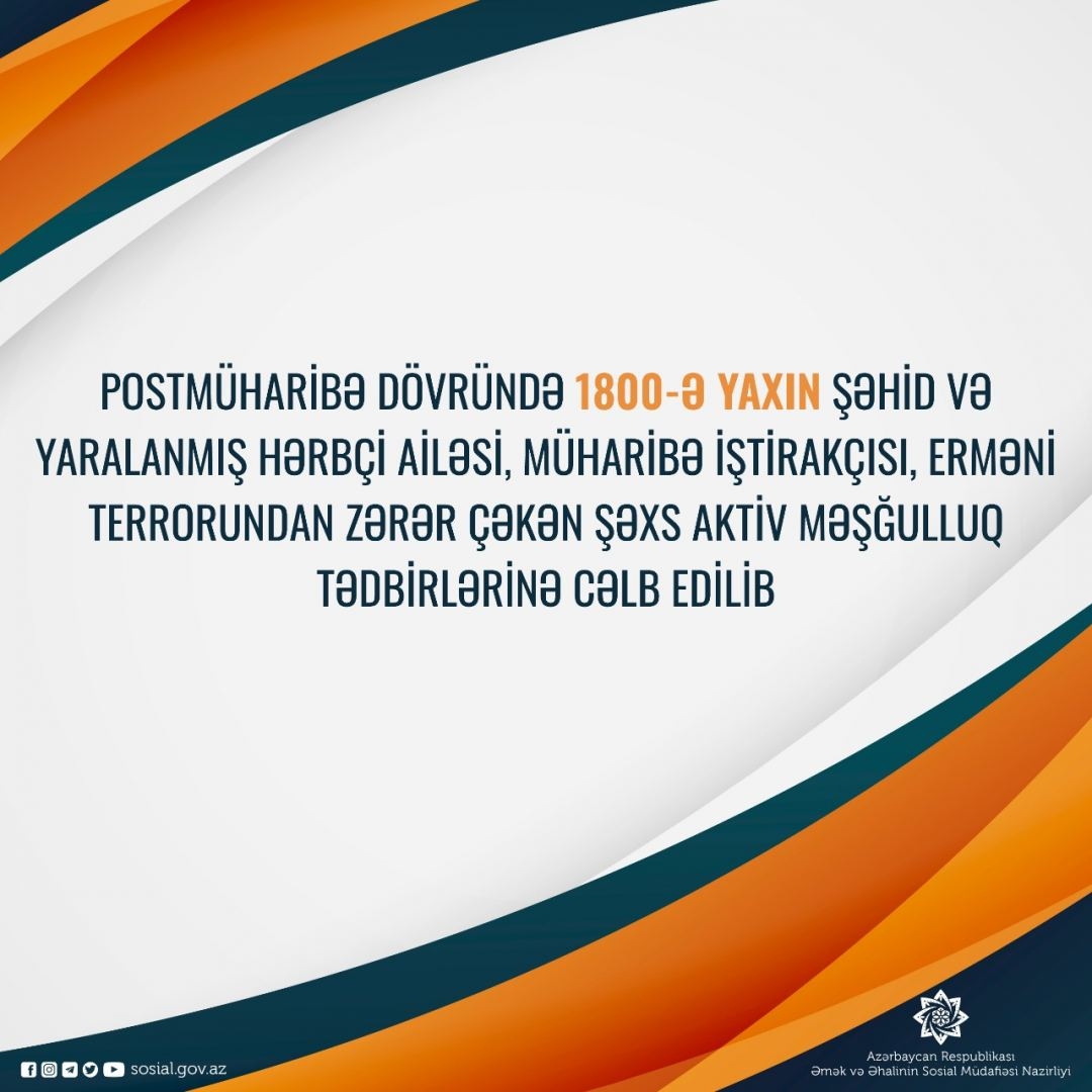 Postmüharibə dövründə Vətən müharibəsi ilə əlaqədar 1800-ə yaxın şəxs aktiv məşğulluq tədbirlərinə cəlb edilib