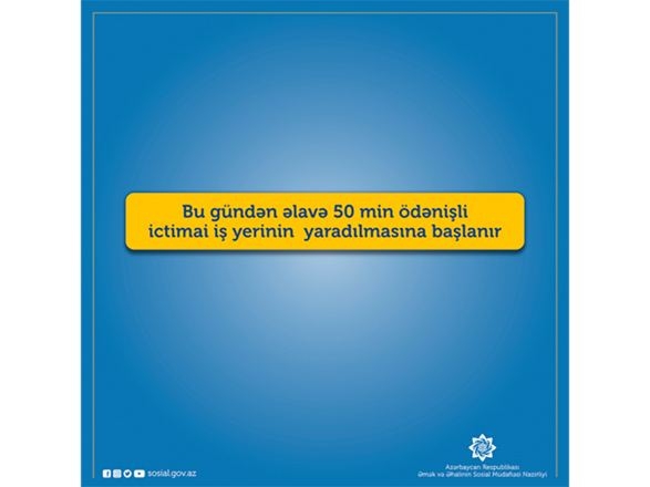 Bu gündən əlavə 50 min ödənişli ictimai iş yerinin yaradılmasına başlanır