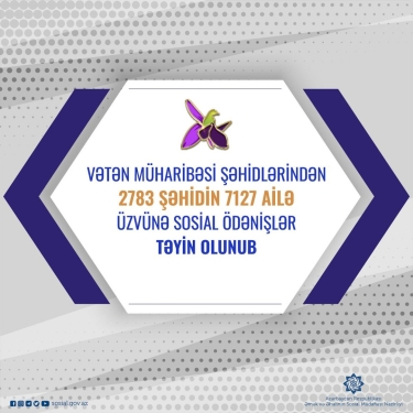 2 783 şəhidin 7 127 ailə üzvünə sosial ödənişlər təyin olunub