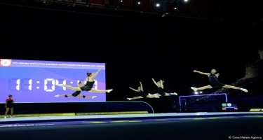 Milli Gimnastika Arenasında aerobika gimnastikası üzrə Avropa çempionatının iştirakçılarının podium məşqləri keçirilir (FOTOREPORTAJ)